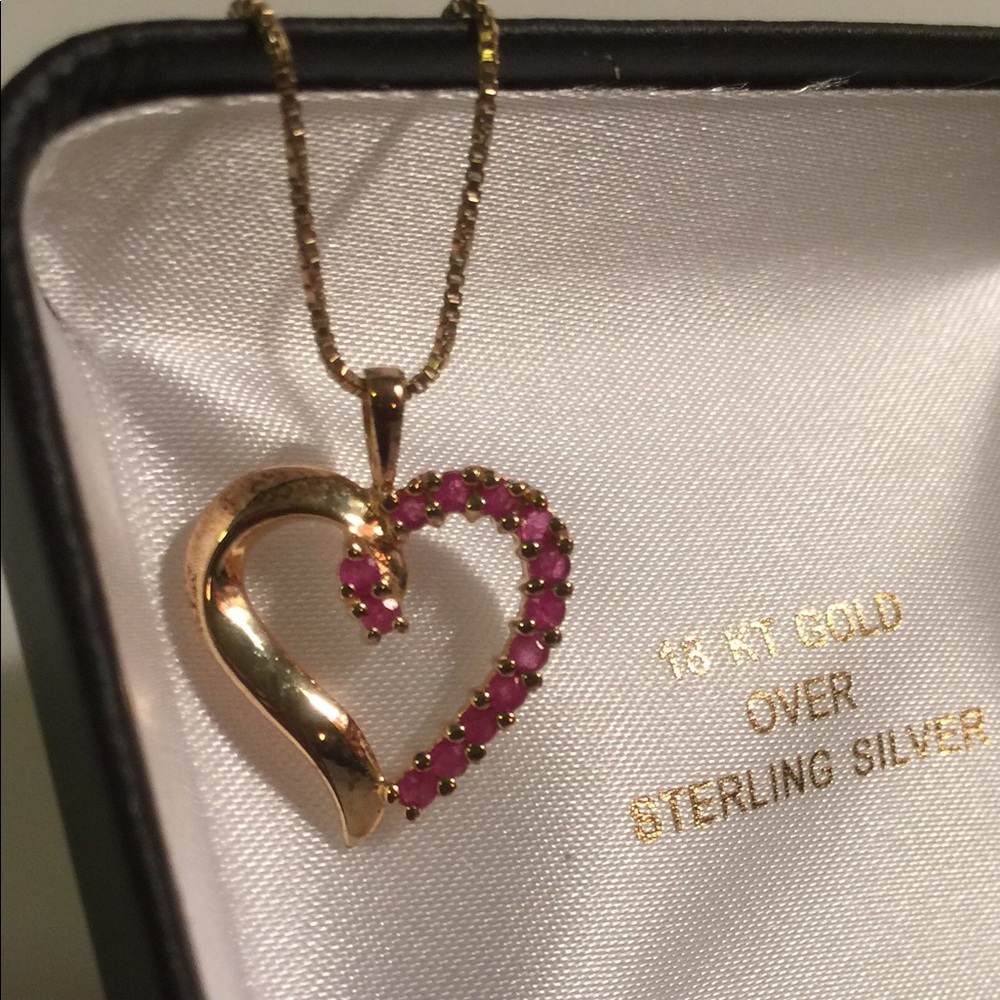 Ruby Heart Gold Plated Necklace 17” Box Chain - Picture 8 of 8